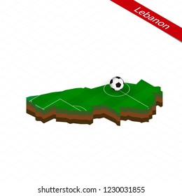 Isometric map of Lebanon with soccer field. Football ball in center of football pitch. Vector soccer illustration.