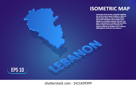 Isometric map of the LEBANON. Stylized flat map of the country on blue background. Modern isometric 3d location map with place for text or description. 3D concept for infographic. Vector illustration 