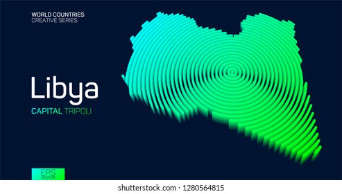Isometric map of Libya with neon circle lines