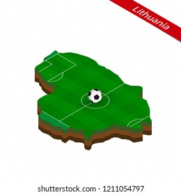 Isometric map of Lithuania with soccer field. Football ball in center of football pitch. Vector soccer illustration.