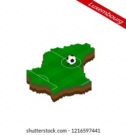 Isometric map of Luxembourg with soccer field. Football ball in center of football pitch. Vector soccer illustration.