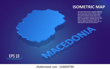 Isometric map of MACEDONIA. Stylized flat map of the European country on blue background. Modern isometric or 3d location map with place for text or description. Isolated 3D concept for infographic.