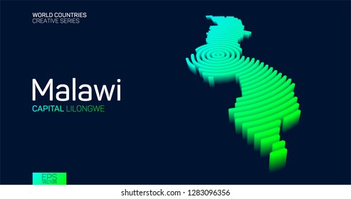 Isometric map of Malawi with neon circle lines
