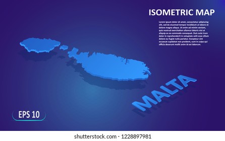 Isometric map of  Malta. Modern flat map of the European country on blue background. Isolated 3D isometric country concept for infographic. Vector illustration. EPS 10.