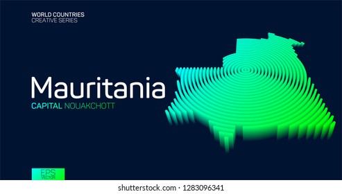 Isometric map of Mauritania with neon circle lines