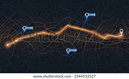 Isometric map. Map mobile app planning travel. Alternative way with location system. City map route, location symbols and navigational system mark. Vector, illustration isolated on black background.