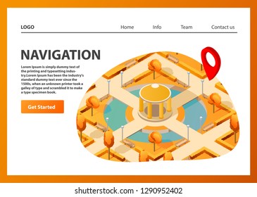 Isometric map mobile GPS navigation. Public autumn park navigator pin red color.Landing page template.Web page.Website template.Park alley with trees,With a pond and benches and an arbor vector.