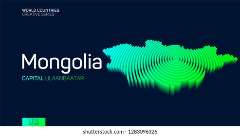 Isometric map of Mongolia with neon circle lines