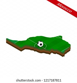 Isometric map of Morocco with soccer field. Football ball in center of football pitch. Vector soccer illustration.