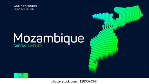 Isometric map of Mozambique with neon circle lines