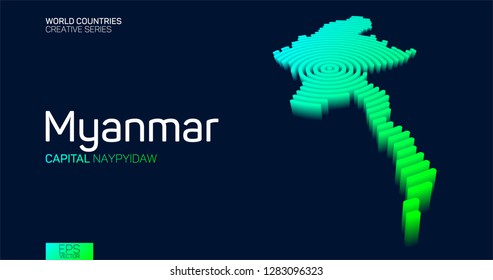 Isometric map of Myanmar with neon circle lines