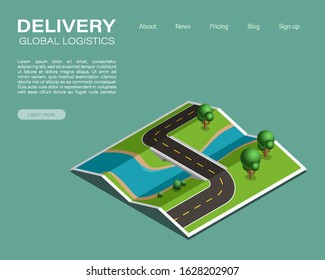 Isometric map navigation, point markers background, app isometry drawing schema, 3D simple nature plan GPS navigation, final destination arrow paper city map. Route delivery check point graphic