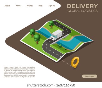 Isometric map navigation, point markers delivery van, isometry drawing schema, 3D simple nature plan GPS navigation, final destination arrow paper city map. Route delivery van check point graphic