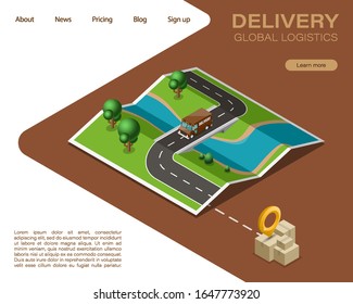 Isometric map navigation, point markers delivery van, isometry drawing schema, 3D simple nature plan GPS navigation, final destination arrow paper city map. Route delivery van check point graphic