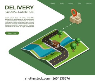 Isometric map navigation, point markers delivery van, isometry drawing schema, 3D simple nature plan GPS navigation, final destination arrow paper city map. Route delivery van check point graphic