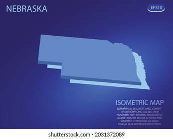 Isometrische Karte von Nebraska. Vektorgrafik modern auf blauem Hintergrund. Isolierte 3D-Isometrie für Infografik. Vektorgrafik. EPS10.