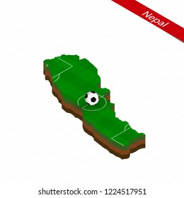 Isometric map of Nepal with soccer field. Football ball in center of football pitch. Vector soccer illustration.