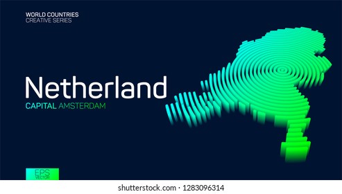 Isometric map of Netherland with neon circle lines