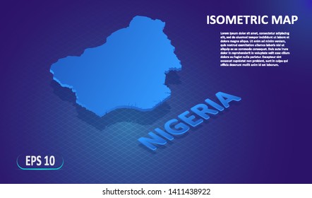 Isometric map of the NIGERIA. Stylized flat map of the country on blue background. Modern isometric 3d location map with place for text or description. 3D concept for infographic. Vector illustration 