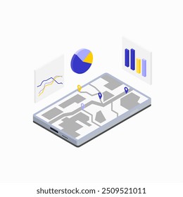 Mapa isométrico en el dispositivo con información inteligente de semáforo en vivo, estadística, gráfico, visualización de gráfico circular