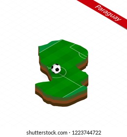 Isometric map of Paraguay with soccer field. Football ball in center of football pitch. Vector soccer illustration.