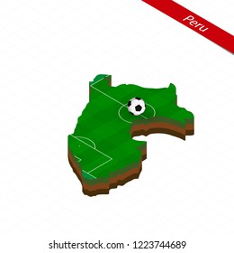 Isometric map of Peru with soccer field. Football ball in center of football pitch. Vector soccer illustration.