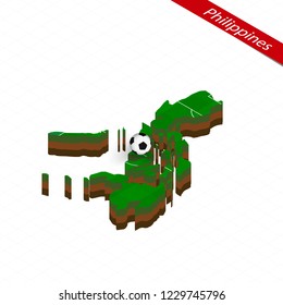 Isometric map of Philippines with soccer field. Football ball in center of football pitch. Vector soccer illustration.