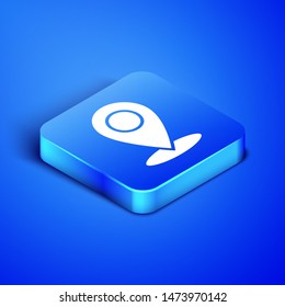 Isometric Map pin icon isolated on blue background. Navigation, pointer, location, map, gps, direction, place, compass, contact, search concept. Blue square button. Vector Illustration