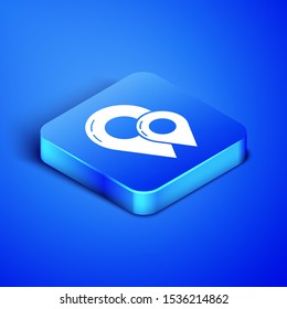 Isometric Map pin icon isolated on blue background. Navigation, pointer, location, map, gps, direction, place, compass, contact, search concept. Blue square button. Vector Illustration