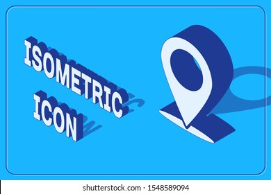 Isometric Map pin icon isolated on blue background. Navigation, pointer, location, map, gps, direction, place, compass, contact, search concept.  Vector Illustration