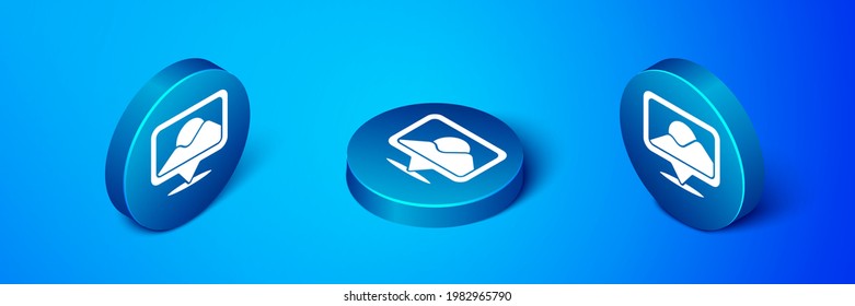 Isometric Map pin icon isolated on blue background. Navigation, pointer, location, map, gps, direction, place, compass, search concept. Blue circle button. Vector Illustration
