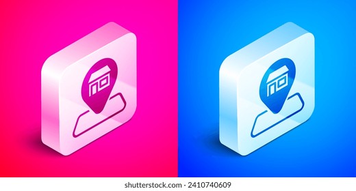Isometric Map pin with Shopping building or market store icon isolated on pink and blue background. Shop construction. Silver square button. Vector