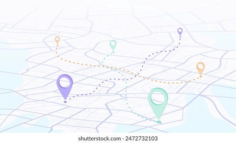 Isometric map with pins location on streets, marked with different colors. Pins connected by lines, as routes. Vector illustration