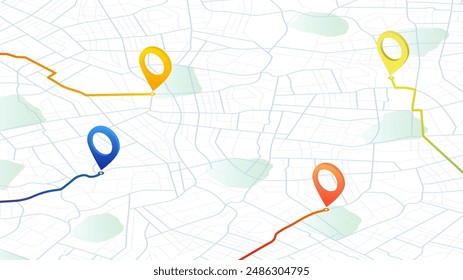 Isometric map with pins location on streets, marked with different colors. Pins connected by lines, as routes. Vector illustration