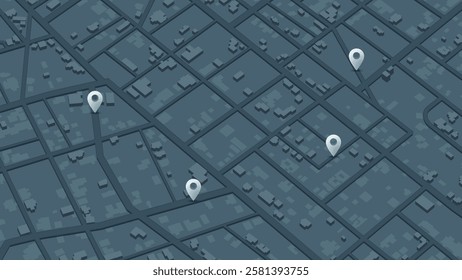 Isometric map with pins location on streets. Online navigation map pointer, place mark with map navigation. Pins with 3d buildings. Vector illustration