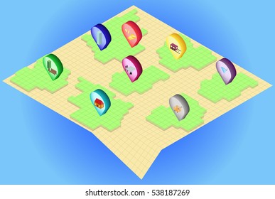 Isometric map with isometric pins on it in curve EPS 10