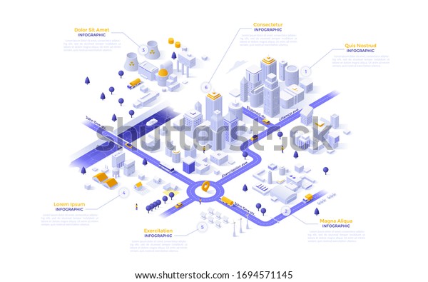 Isometric map, plan, scheme of modern\
megapolis riverside city with different zones - downtown,\
industrial district with power plants, suburban area. Infographic\
design template. Vector\
illustration.
