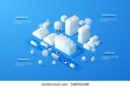 Isometric map or plan of urban industrial area with paper white factories or mills, warehouse buildings, water towers, transport on road. Infographic design template. Modern vector illustration.