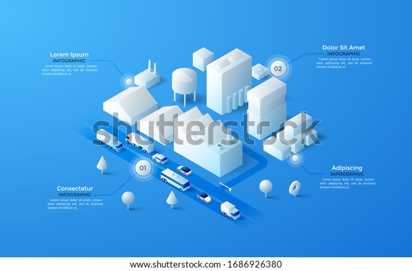 アイソメ図または都市産業地域の計画で 紙の白い工場や製粉工場 倉庫の建物 水上塔 道路上輸送を含みます インフォグラフィックデザインテンプレート 現代のベクターイラスト のベクター画像素材 ロイヤリティフリー
