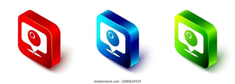 Isometric Map pointer with billiard pool snooker ball with number 8 icon isolated on white background. Red, blue and green square button. Vector