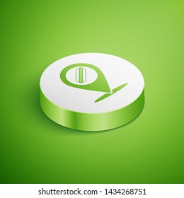 Isometric Map pointer with fast food hotdog icon isolated on green background. Sausage icon. White circle button. Vector Illustration 
