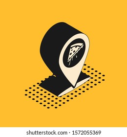 Isometric Map pointer with fast food slice pizza icon isolated on yellow background. Pizzeria location icon. Pizza cafe and restaurant marker.  Vector Illustration