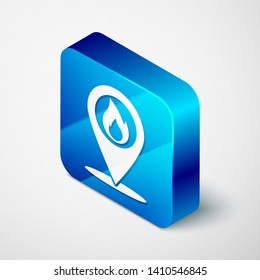 Isometric Map pointer with fire flame icon isolated on white background. Fire nearby. Blue square button. Vector Illustration