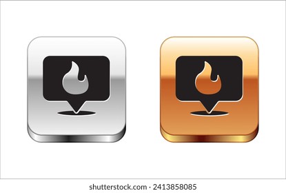 Isometric Map pointer with fire flame icon isolated on white background. Fire nearby. Red, blue and green square button. Vector