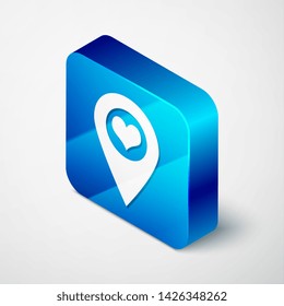 Isometric Map pointer with heart icon isolated on white background. Blue square button. Vector Illustration