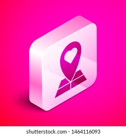 Isometric Map pointer with heart icon isolated on pink background. Valentines day. Love location. Romantic map pin. Silver square button. Vector Illustration