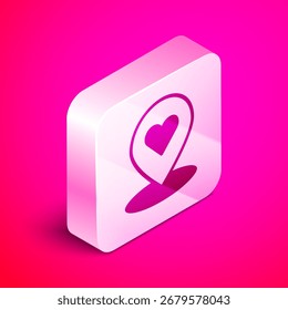 Isometric Map pointer with heart icon isolated on pink background. Valentines day. Love location. Romantic map pin. Silver square button. Vector