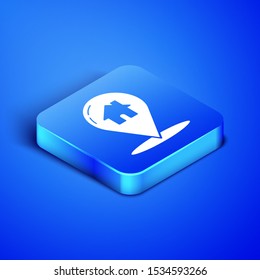 Isometric Map pointer with house icon isolated on blue background. Home location marker symbol. Blue square button. Vector Illustration
