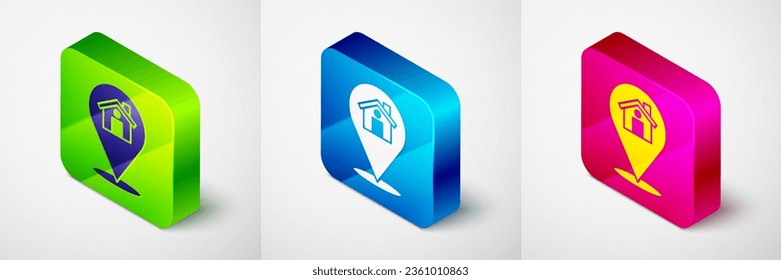 Isometric Map pointer with house icon isolated on grey background. Home location marker symbol. Square button. Vector