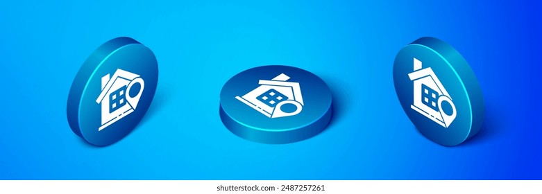 Isometric Map pointer with house icon isolated on blue background. Home location marker symbol. Blue circle button. Vector Illustration